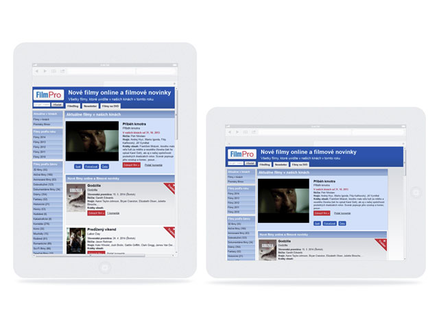 Responzívny design - verzia webstránky Filmpro.sk pre tablet